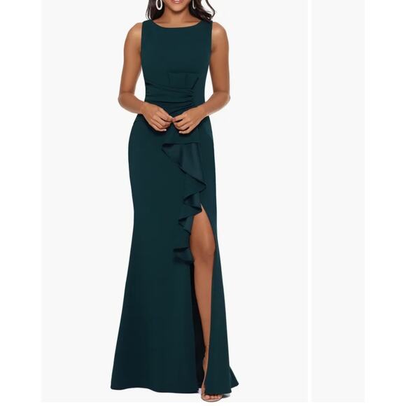 NEW Betsy & Adam Ruffle Bow Trumpet Gown Sleeveless Maxi Dress Pine Green - Picture 1 of 13